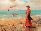 Alfred Stevens Jeune femme a l'ombrelle rouge au bord de la mer painting